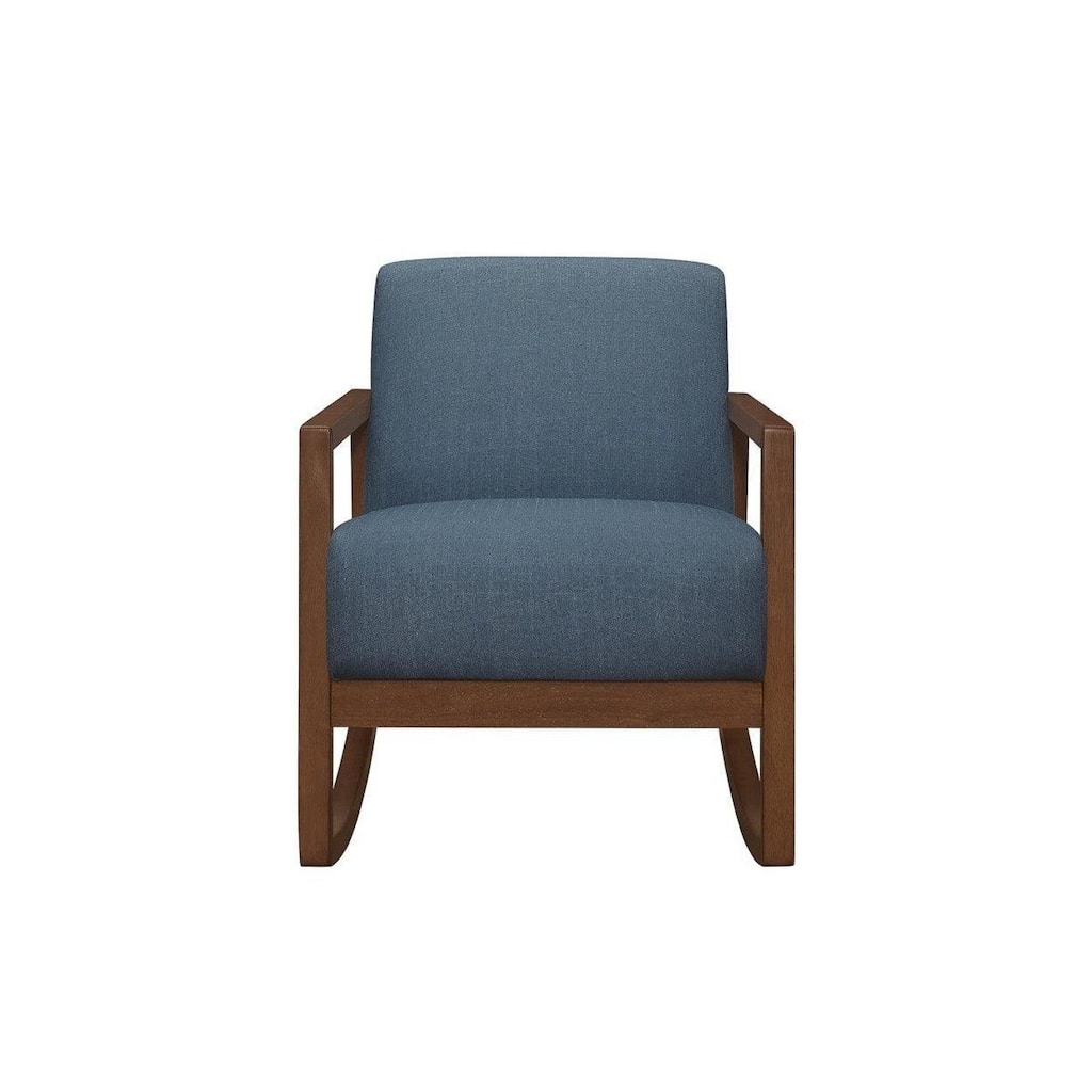 Clovi 32 Inch Rocker Accent Chair, Blue Fabric, Foam Cushions, Brown Wood