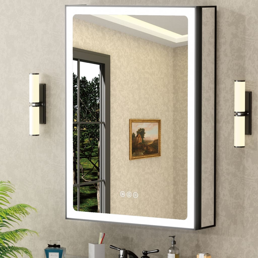 Grand Aluminum Medicine Cabinet with Mirror, Adjustable Shelves, Dimmable Light, Anti-Fog, Recessed or Wall Mount