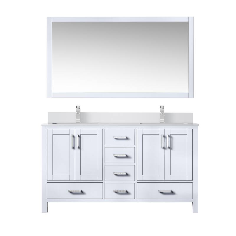 Jacques White Bath Vanity, Cultured Marble Top, Faucet Set and Mirror - White - 60 Inch
