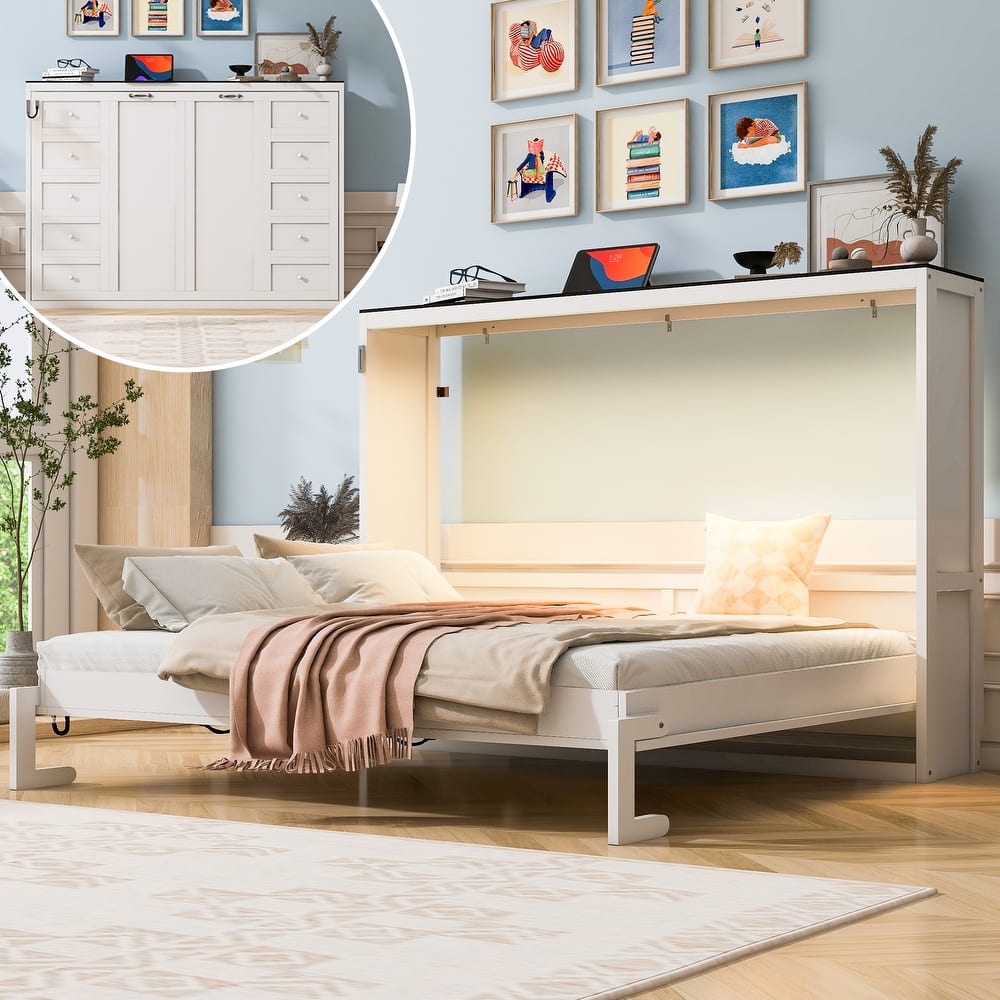 Murphy Bed with LED Light, Foldable Bed Can be Folded into Cabinet, Hidden Wall Bed Cube Cabinet Platform Bed Frame