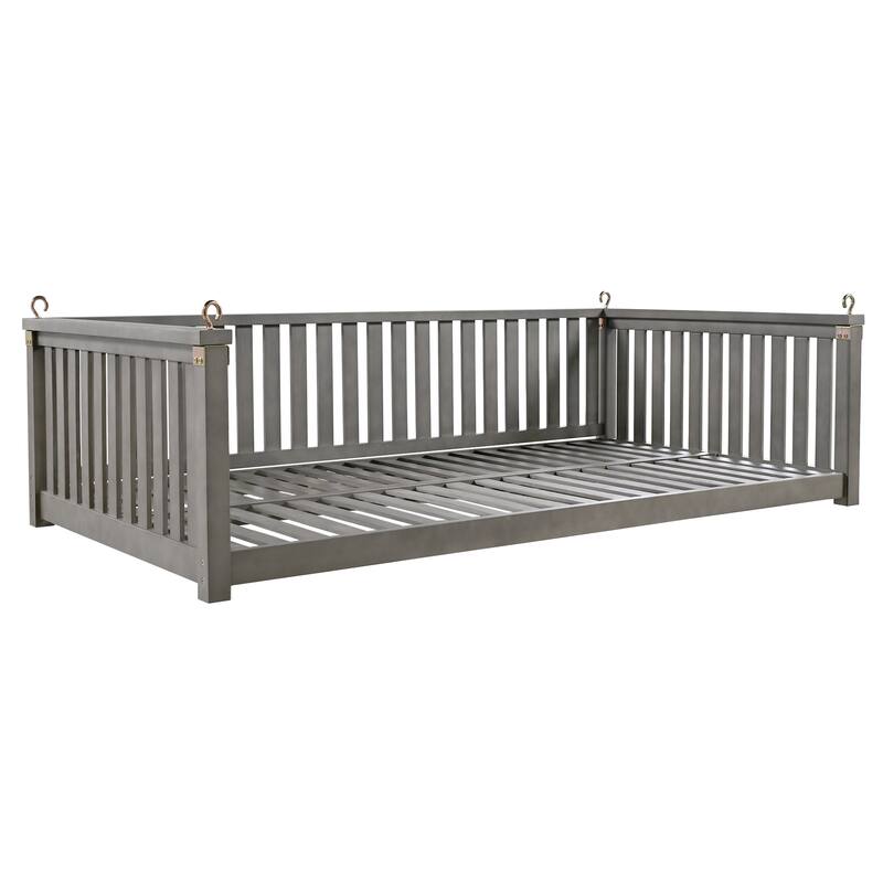 Acacia Wood Twin-Size Porch Swings Bed with 350lb Capacity, Includes Hemp Ropes and Sloped Safety Design