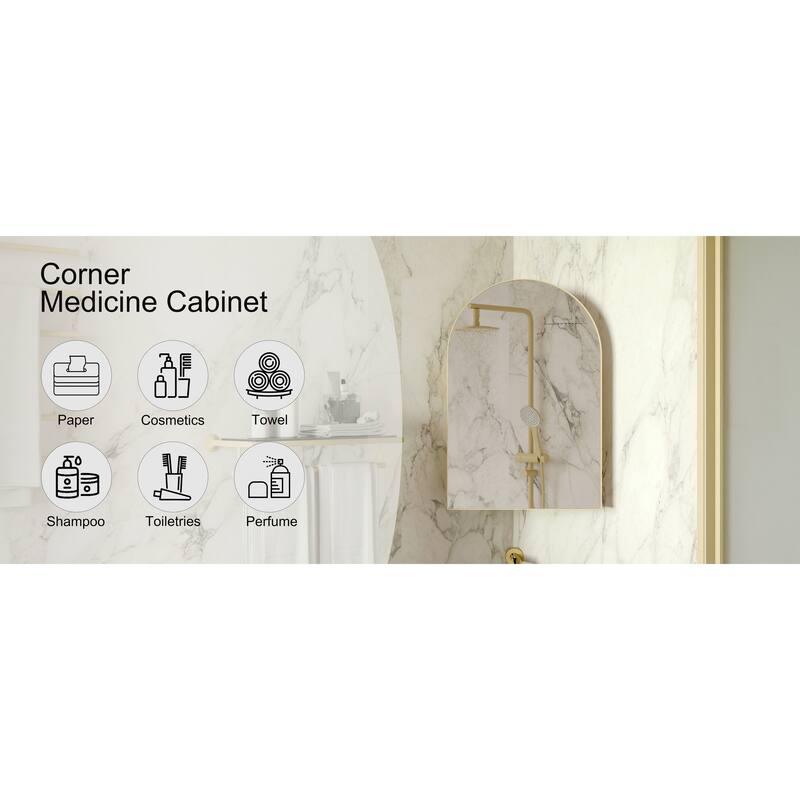 18x24 Inch Metal Corner Medicine Cabinet with Arched Mirror, Adjustable Glass Shelves, Space-Saving Bathroom Storage