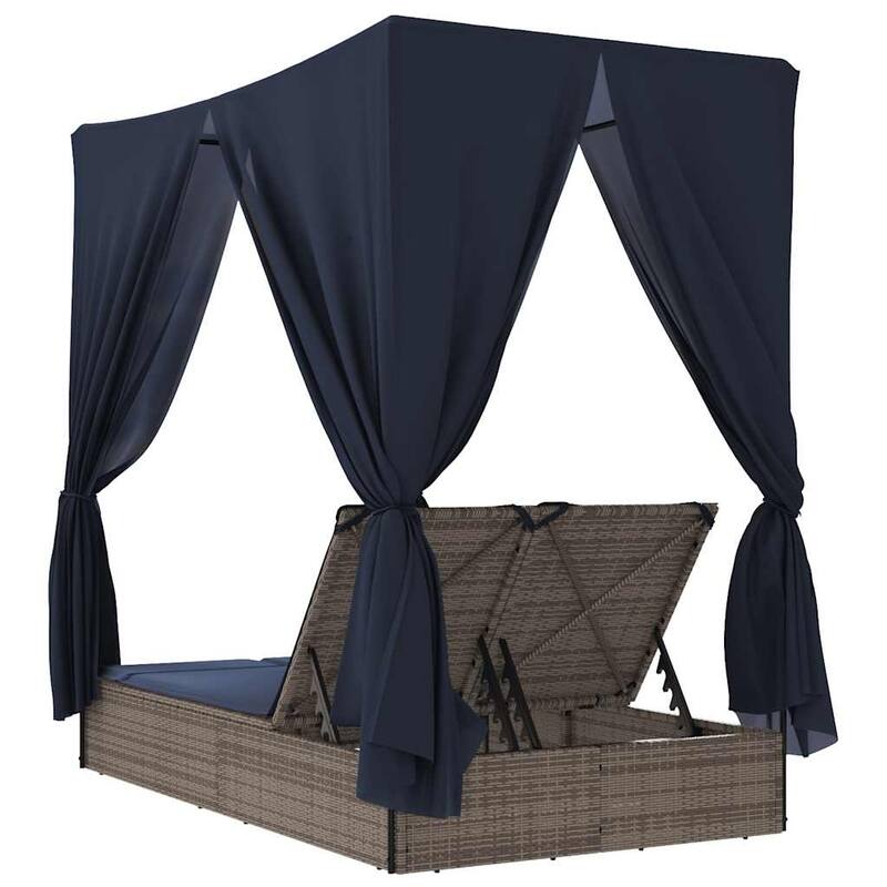 vidaXL Double Sun Lounger with Roof and Curtains Brown/Gray/Black Poly Rattan - 78.7" x 44.9" x 77.2"