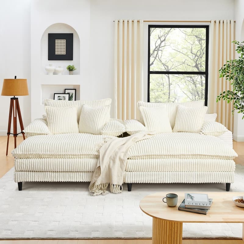 Harmonia 109" W Oversized Corduroy Sofa Bed, Deep Seat Double Lounge Chaise with 4 Pillows - Beige