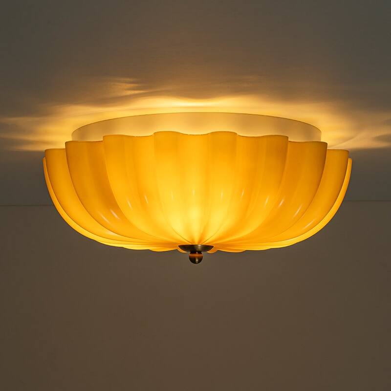 Caramel Brown Art Glass Flower Scalloped Round Ceiling Light - 11.8 Inches