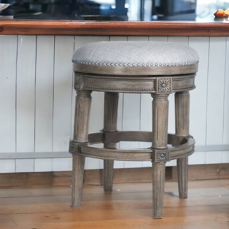 Linen Round Wood Swivel Stool with Nail Head Trim, Backless and Footrest