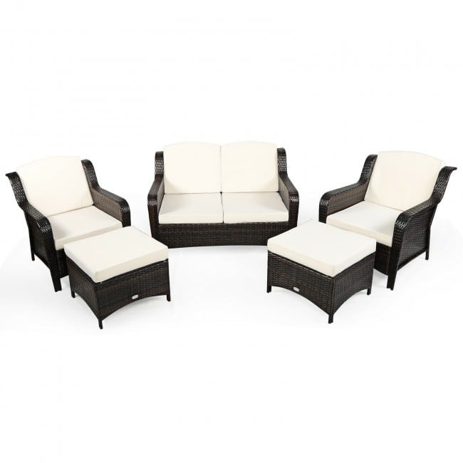 5 Pieces Patio Rattan Sofa Set with Cushion and Ottoman - 51" x 33.5" x 33" (L x W x H)