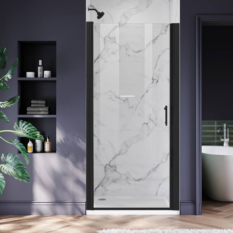 Elegant Adjustable Width Frameless Pivot Swing Shower Door with 1/4 inch Transparent Tempered by Certified Glass Door - Matte Black - 25.5-27"