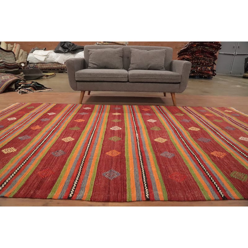 Hand Woven Oriental 100% Wool Carpet Southwestern Tribal Oranges & Rust Kilim Area Rug - 10' 2'' X 5' 6''
