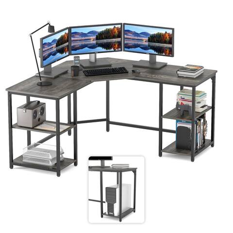 Elephance L-Shaped Gaming Desk with Two Large 2-Tires Shelves, Wood Computer Corner Desk Home Office Workstation