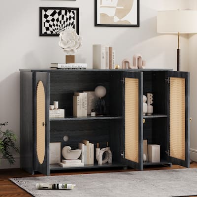 3-Door Sideboard with Large Storage Space Artificial Rattan Doors and Metal Handles, Accent Cabinet for Living Room and Hallway