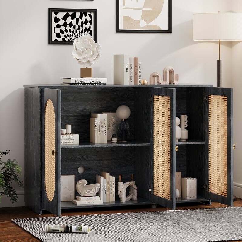 Oval Rattan Doors Black Sideboard with Adjustable Shelves
