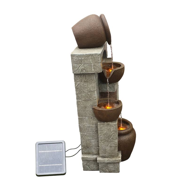 Teamson Home 4-Tier Bowl Solar Waterfall Fountain with Built-In LED Lights - 12"W x 10"L x 28"H