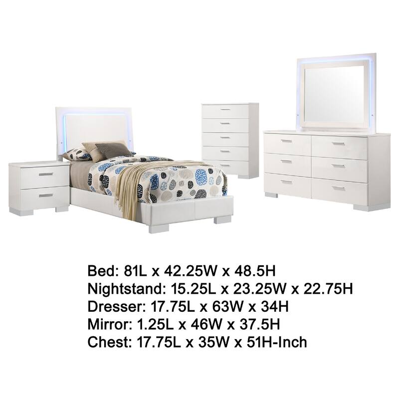 Sok 5pc Twin Bedroom Set, Blue LED Lights, Faux Leather, White Wood