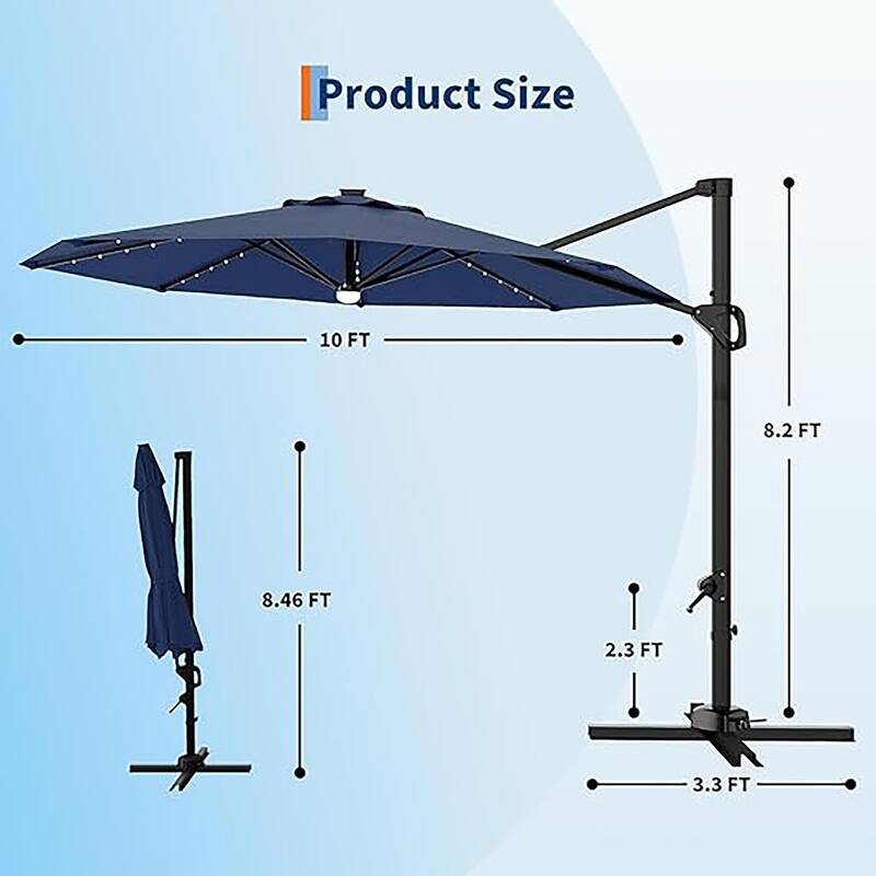 10FT Outdoor Cantilever Umbrella Patio Umbrella Solar LED with Base Included, 360-Degree Rotation