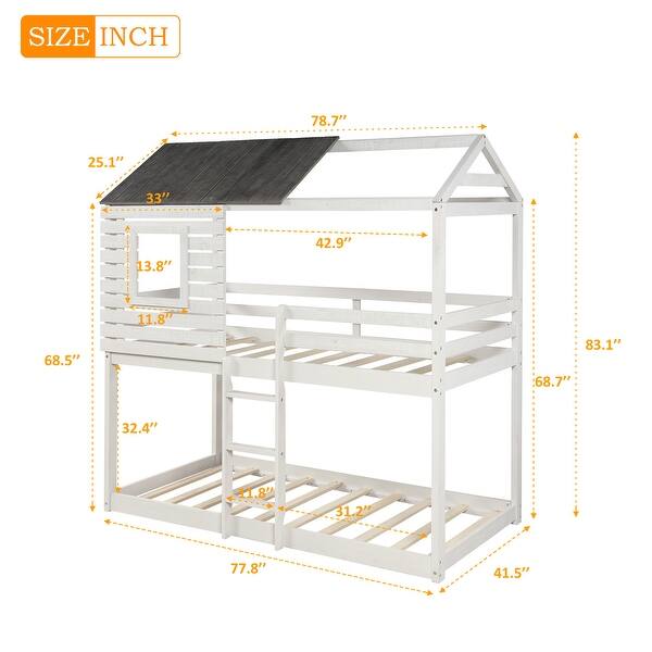 Pinewood FrameTwin Over Twin Bunk Bed Wood Loft Bed Bedroom Furniture with Roof, Window, Full-length Guardrail, Ladder