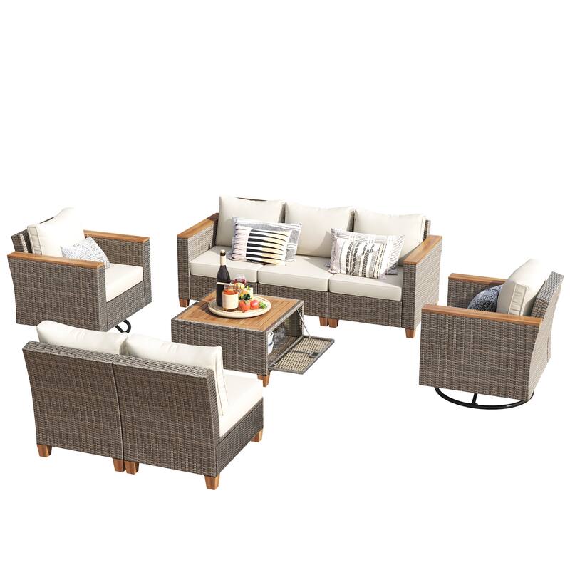 8-Piece Wicker Outdoor Patio Furniture Set with Thick Cushion, Rattan Patio Swivel Rocking Chairs Set of 2 with Acacia S
