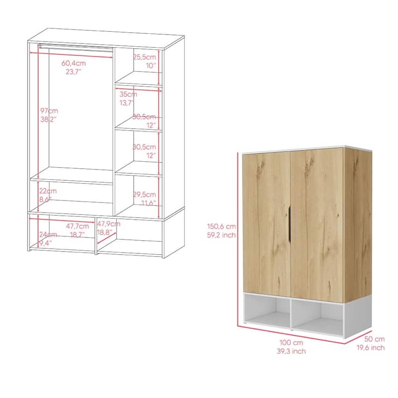 Armoire Barletta, Bedroom,two open shelves, Light Oak / White