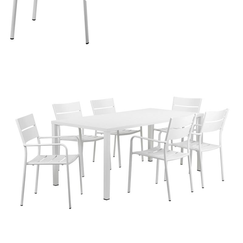 Meta 7 Piece Outdoor Dining Table, Chairs Set, White, Plank Seat and Backs