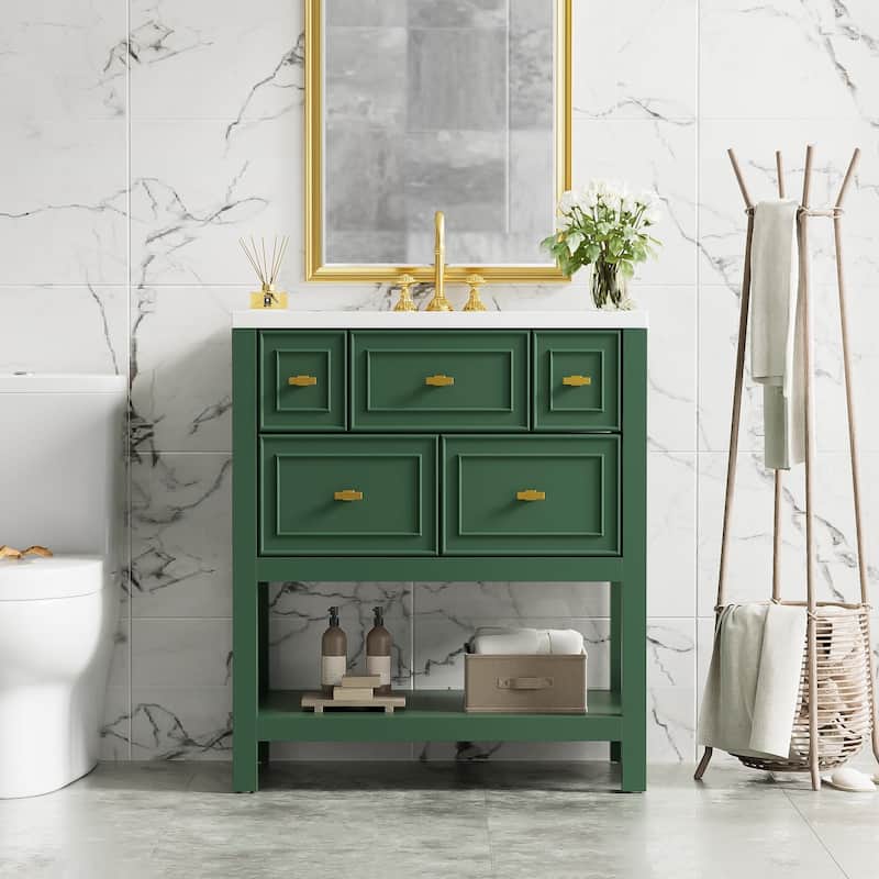 MDF Bathroom Vanity with Free Standing Single Vanity Set with 5 Drawers - 30" x 18" x 33" - Green