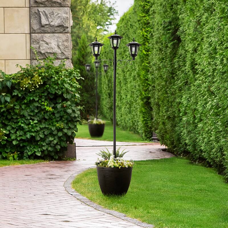 Glitzhome 6FT Solar 3-Head Lamp Street Light with Planter Pot - Black - Black