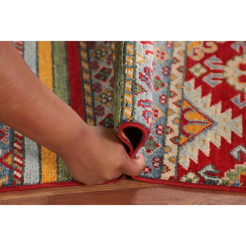 Striped Kazak Oriental Area Rug Hand-Knotted Wool Carpet - 4'10" x 6'6"