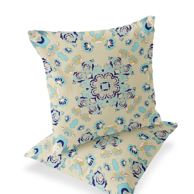 HomeRoots Set of Two 16" X 16" Blue and Off White Blown Seam Floral Indoor Outdoor Throw Pillow - 16.00' X '16.00' X '5.00