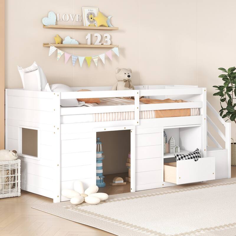 Twin Size Solid Wood Low Loft Bed with Stair, Drawer, and Shelf for Bedroom
