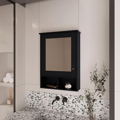 Medicine Cabinet with Mirrored Door, 3 Hidden Shelves, 2 Open Shelves for Bathroom Storage, Space-Saving Design