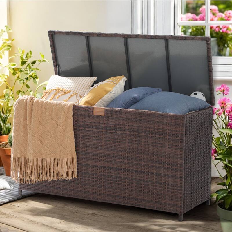 160 Gallon Outdoor Wicker Storage Box Resin Black Rattan Deck Bin for Patio Gardening Tools - 51.2*20*29Inch - Brown