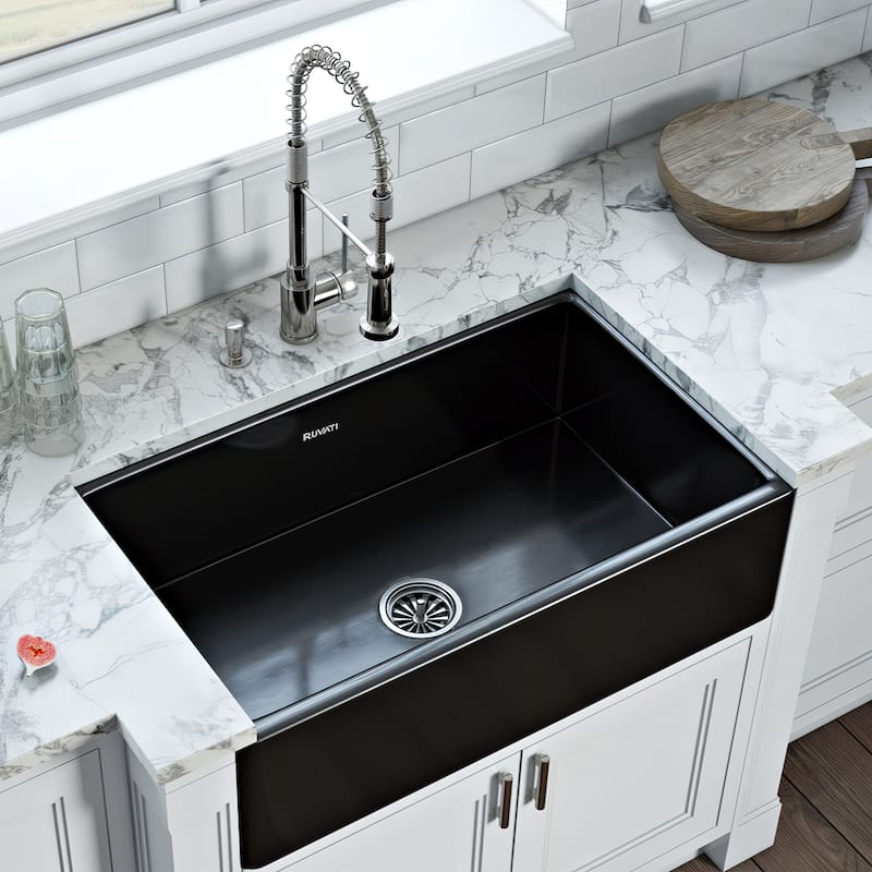 Ruvati 33 x 20 inch Fireclay Reversible Farmhouse Apron-Front Kitchen Sink Single Bowl - Gloss Black - RVL2300BK