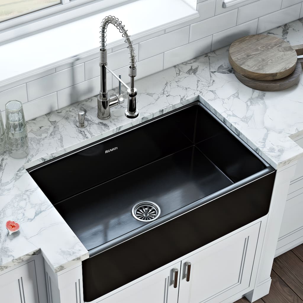Ruvati 33 x 20 inch Fireclay Reversible Farmhouse Apron-Front Kitchen Sink Single Bowl - Gloss Black - RVL2300BK