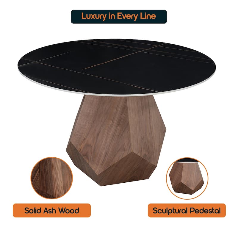 Nebo Round 47" Tempered Glass or Sintered Stone Top Dining Table with Geometric Design Ashwood Pedestal Base Kitchen Table