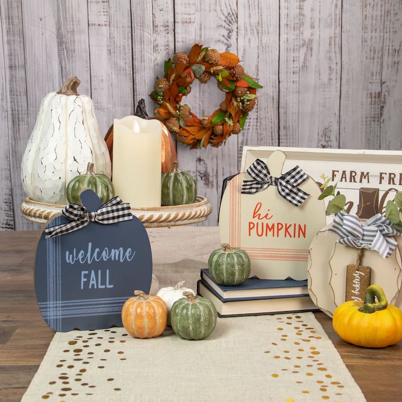 Fall Harvest Wooden "Hi Pumpkin" and "Welcome Fall" Plaques with Bow - 8" - Set of 2