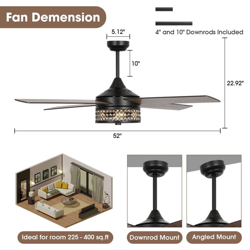 52" Matte Black Modern Crystal Ceiling Fan with Light and Remote Control - 52 in. D x 52 in. W x 15.25 in. H