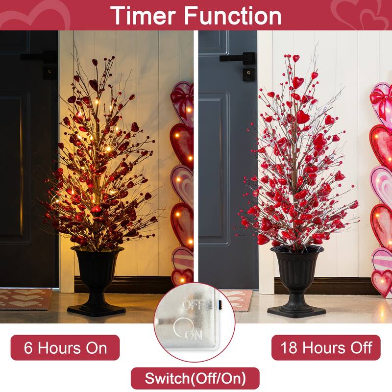Glitzhome 36"H Valentine's Lighted Berry Heart Urn Porch Tree w/Timer