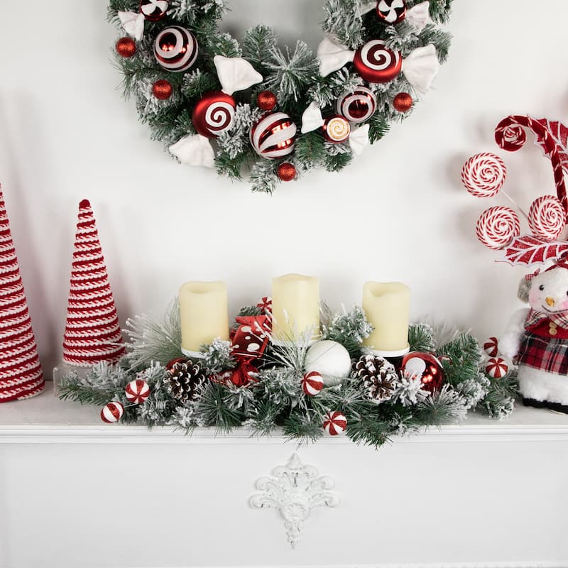 32" Red White Triple Candle Holder with Flocked Pine Ornaments