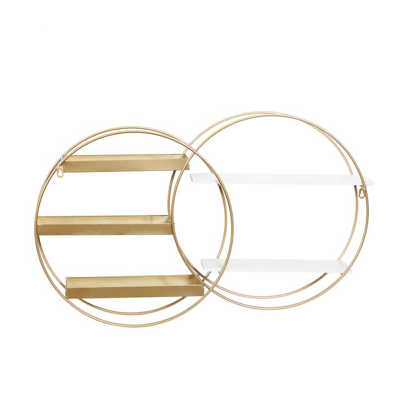 Metal Overlapping Circle 5 Level Geometric Wall Shelf with Wood Accents - Gold or Black