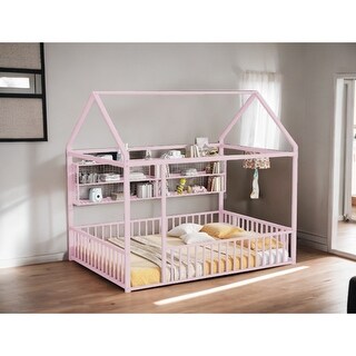 77"W Metal Full Size Bed House Bed Frame with Fence and Storage Shelf