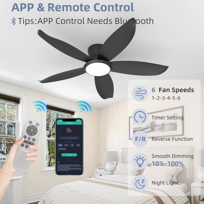 42" 5 Blade High-airflow Easy-install Plug-in ABS Blade Ceiling Fan Light