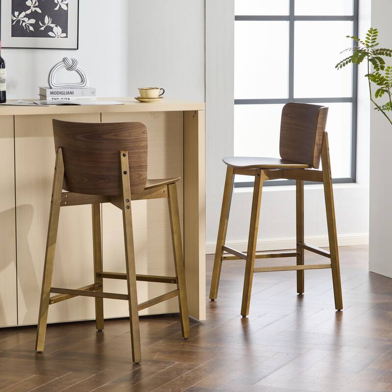 Roomfitters Pari Indoor Wooden Barstools with Curved Plywood Backrest, Walnut Finish Set of 2 - Set of 2