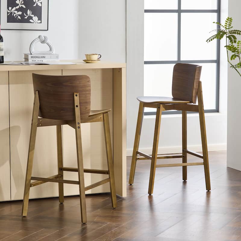 Set of 2 Solid Wood Bar Stools with Ergonomic Curved Backrest and Seat