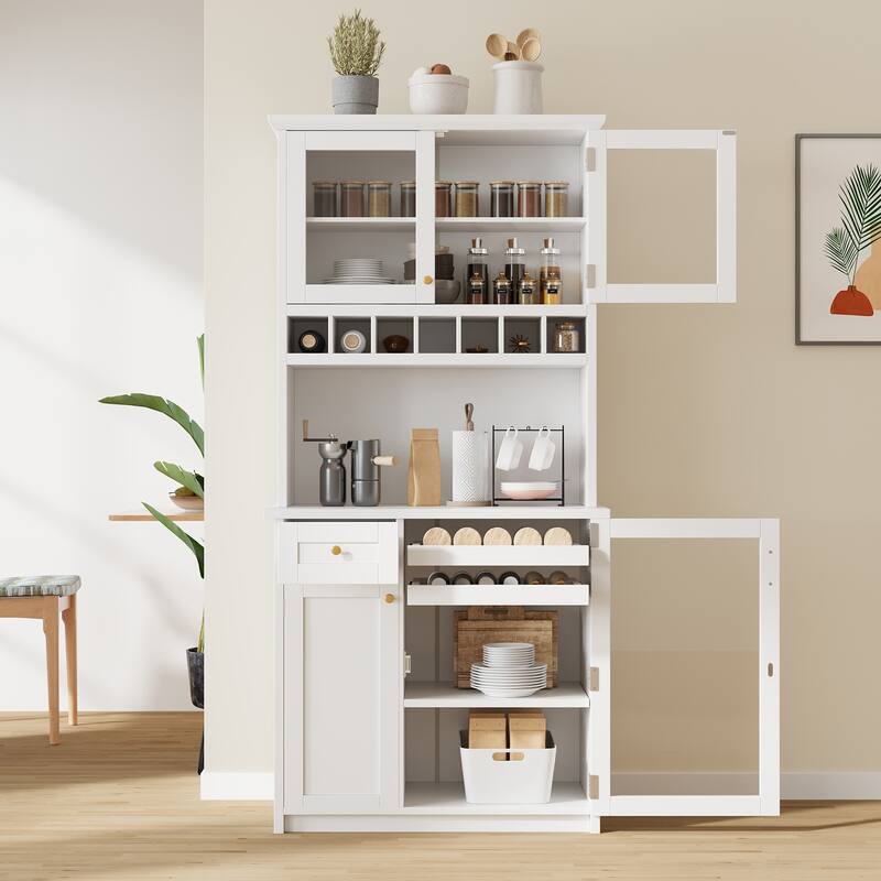Roomfitters Farmhouse Kitchen Pantry Buffet Hutch with Wine Rack and Glass Doors, Tall Storage Cabinet