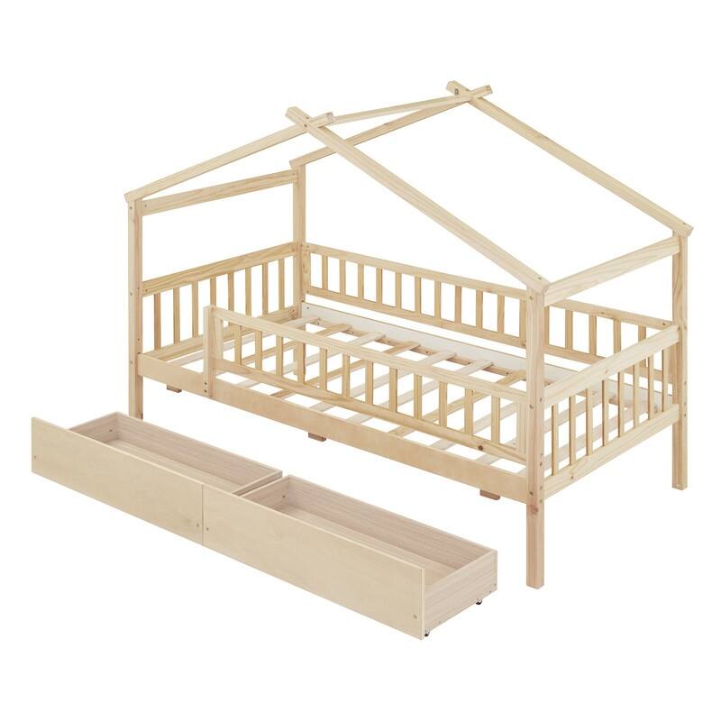 Twin House Bed with 2 Storage Drawers,Rails and Roof for Kids