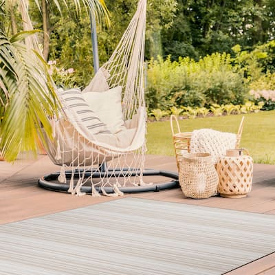 Beverly Rug Beige Striped Indoor Outdoor Rug, Outside Carpet for Patio, Deck, Porch