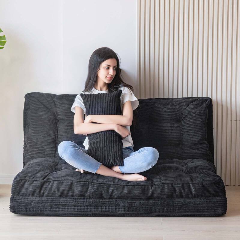Corduroy Bean Bag Bed Tufted Folding Sofa Bed with Pillows