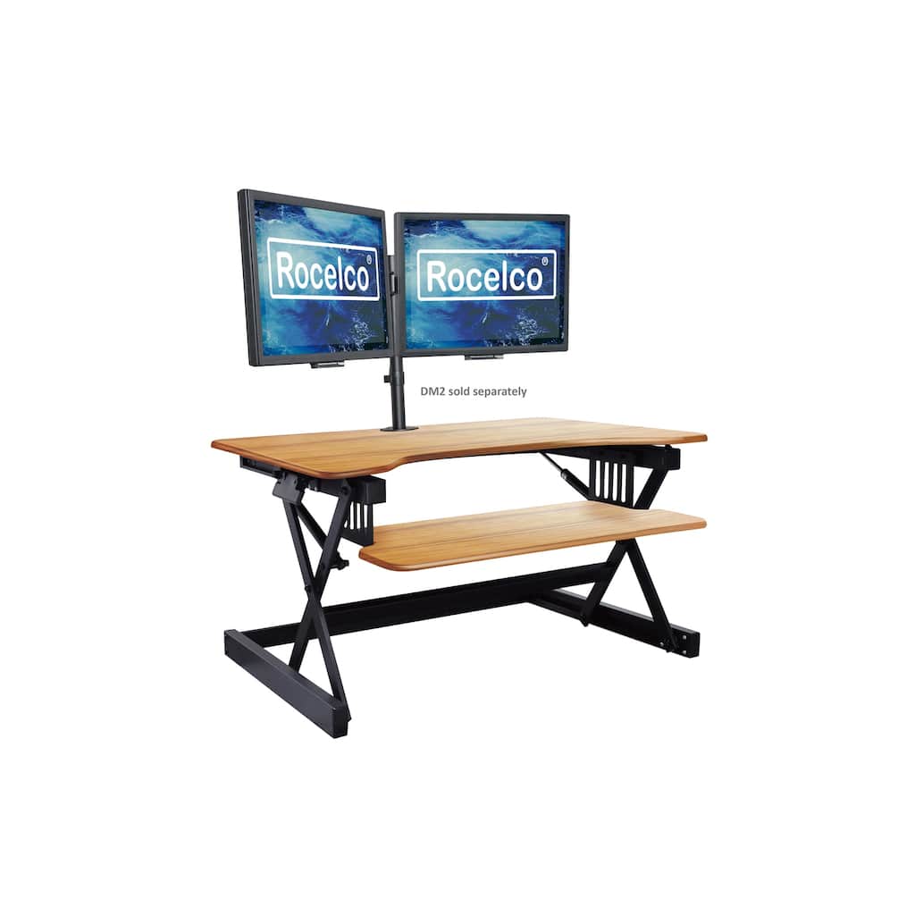 Rocelco 32 in. W Beige Height Adjustable Standing Desk Converter Dual Monitor Riser with Gas Spring Assist Mechanism