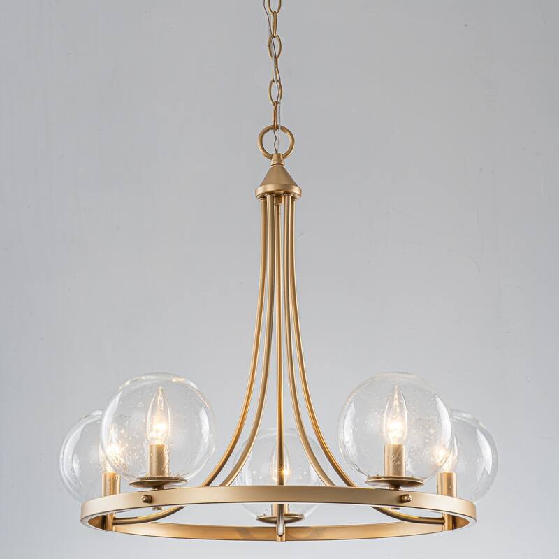 24.4" W 5-Light Mid-Century Modern Gold Wagon Wheel Ring Chandelier with Seeded Glass Globe Shades for Living & Dining Room - Clear/Gold - 24.4 in. W x 21.7 in. H x 24.4 in. D