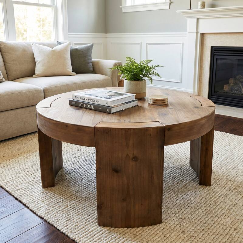 Solid Wood Round Coffee Table, 31.5 Inch Farmhouse Circle Center Cocktail Table