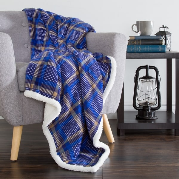 slide 2 of 4, Reversible Fleece Blanket - 50-Inch x 60-Inch Machine-Washable Sherpa Throw by Windsor Home Plaid Blue/Yellow